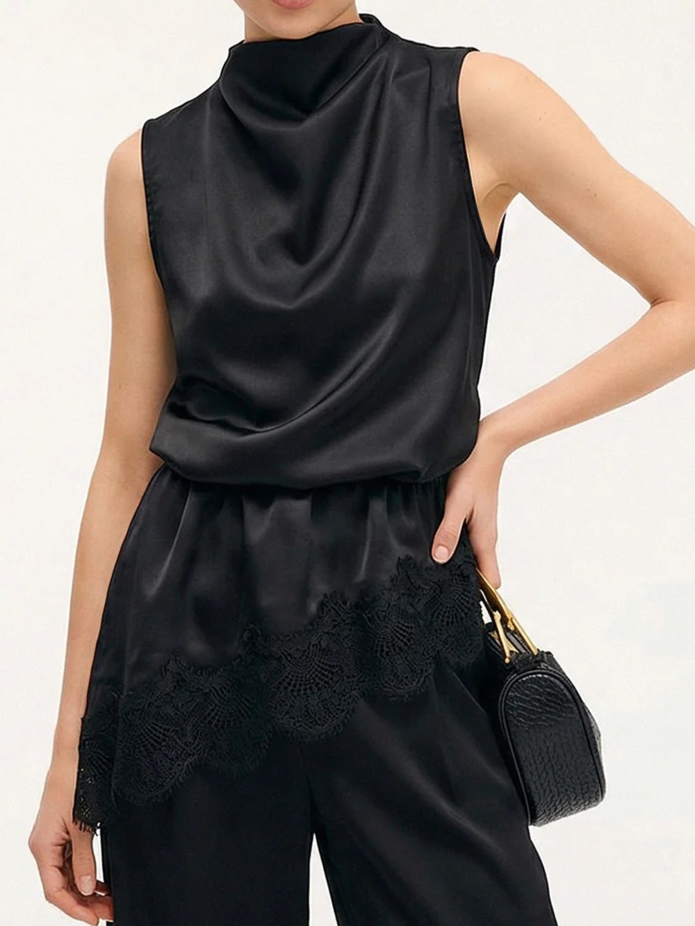 Commense Black Lace Trim Satin Sleeveless Blouse Size M